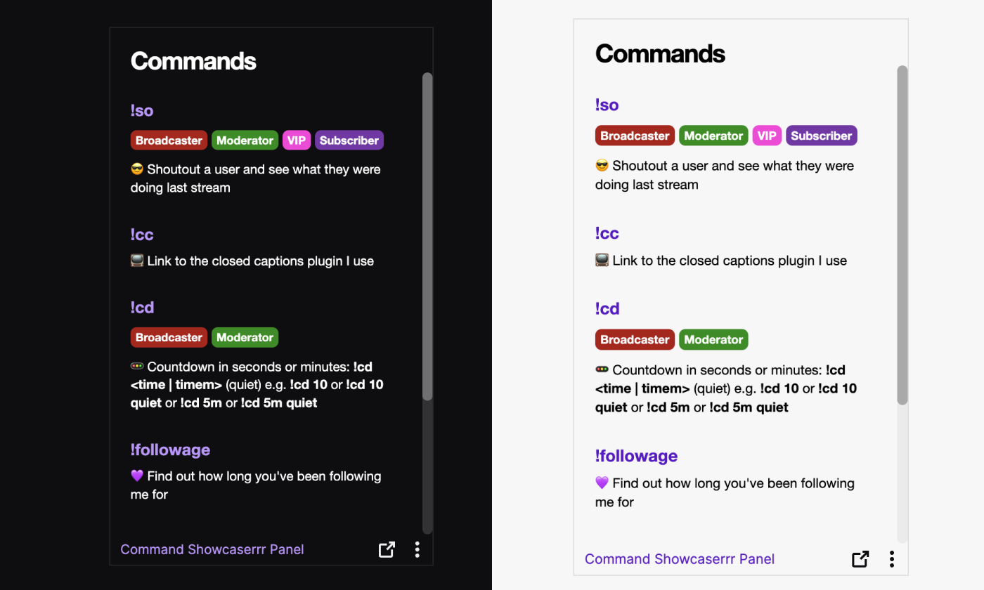 Command Showcaserrr panel on Twitch